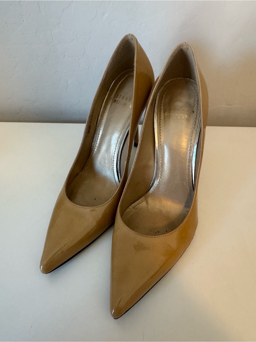 Stuart Weitzman Glossy Tan Pointed-Toe Pumps - Picture 6 of 6